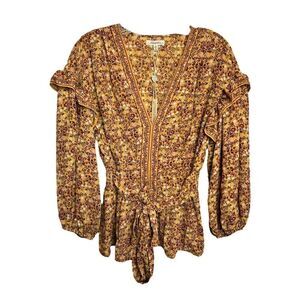 NEW Max Studio Blouse Floral Wrap Top Long Sleeve Ruffled Boho Cinched Women M